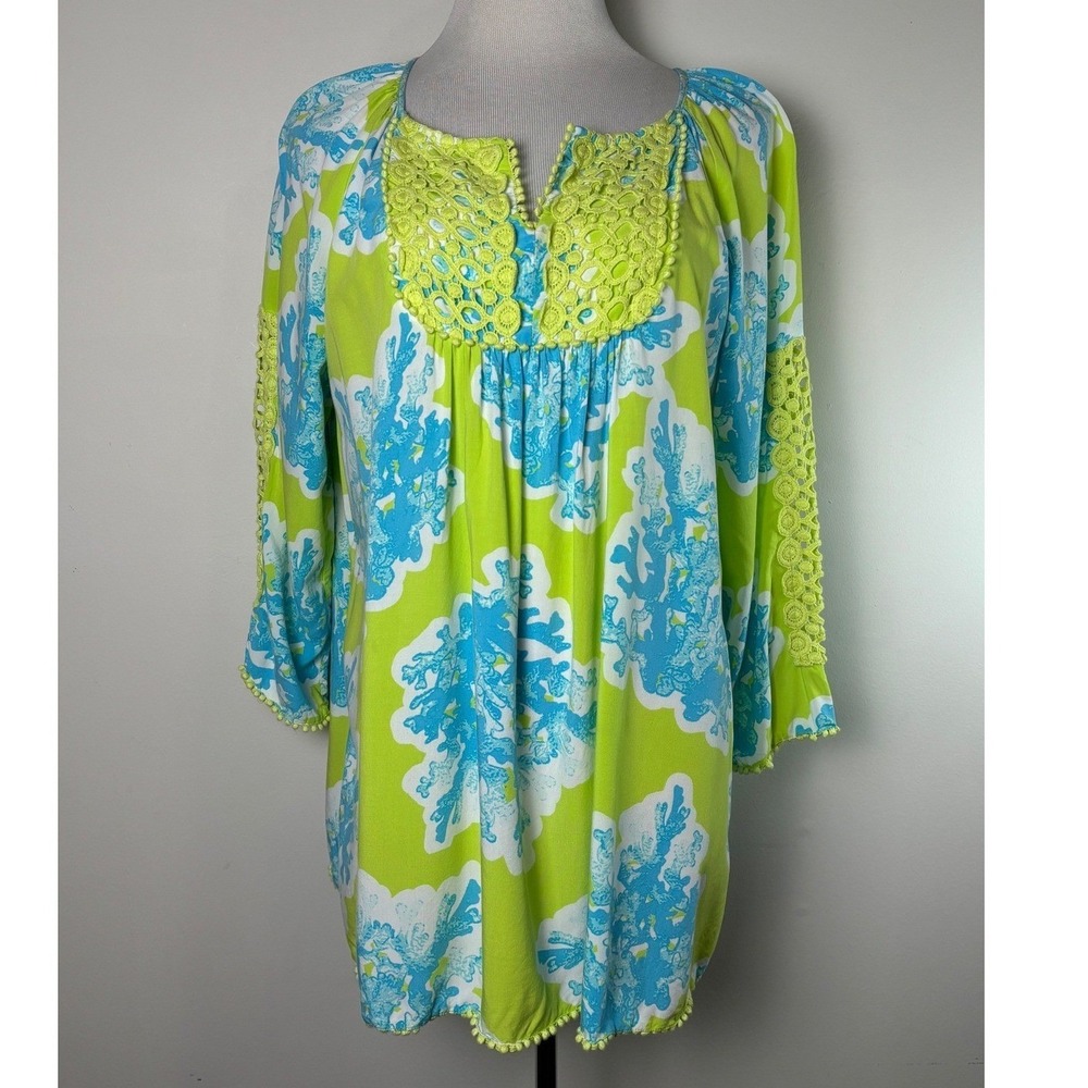 Crown & Ivy Women's Tropical Tunic Top Large Coral Print Crochet Coastal Resort